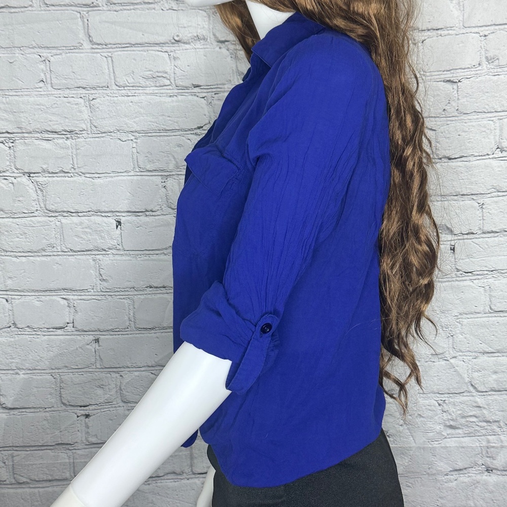 Love Culture Royal Blue Collar Long Sleeve Tie up Blouse - Picture 2 of 4